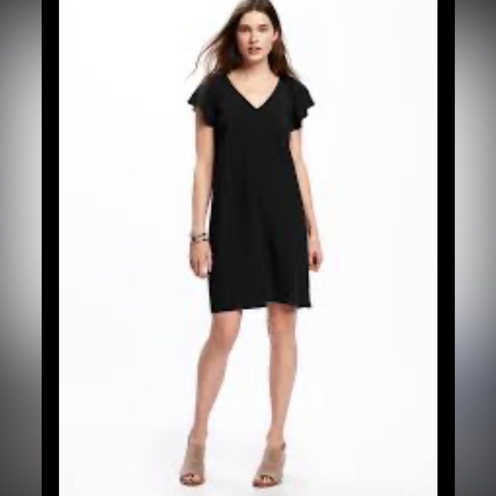 Old Navy Women’s S LBD Black V-Neck 100% Rayon Futter Sleeve Shift Dress in EUC